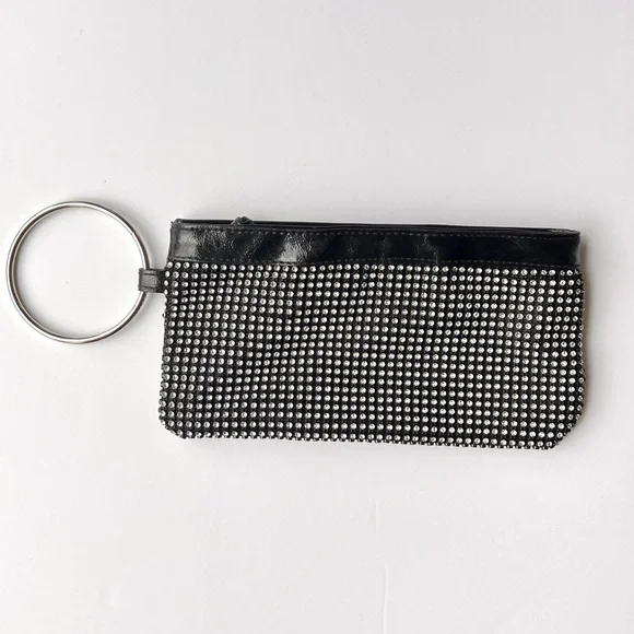 Black Patent Rhinestone Wristlet Clutch w/ Silver Hardware Small Sparkle Purse - Picture 1 of 8